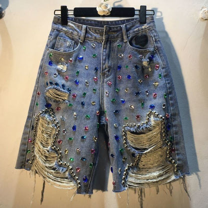 Embellished High-Waist Denim Shorts