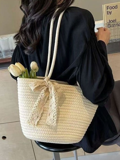 Woven Straw Beach Tote Bag with Cotton Lining