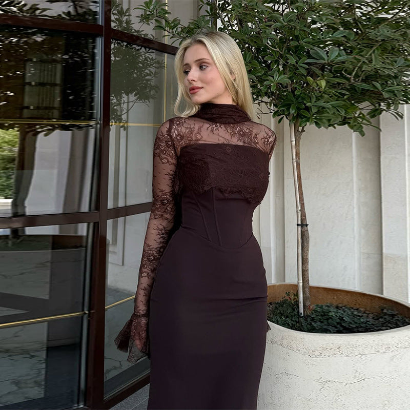 Womens Ruffled Long Sleeve Elegant Dress