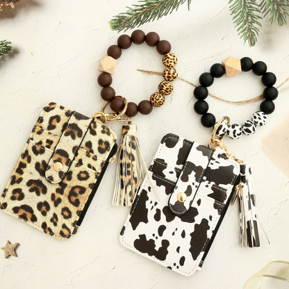 Leopard Print PU Leather Card Holder Wallet with Keychain and Bracelet