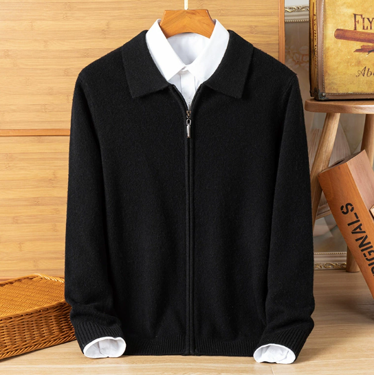 Men's Wool Knit Cardigan Zipper Lapel Jacket