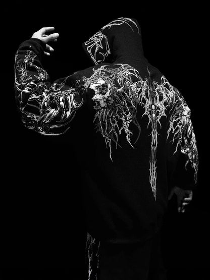 Men's Gothic Print Hooded Sweatshirt Fleece Lined