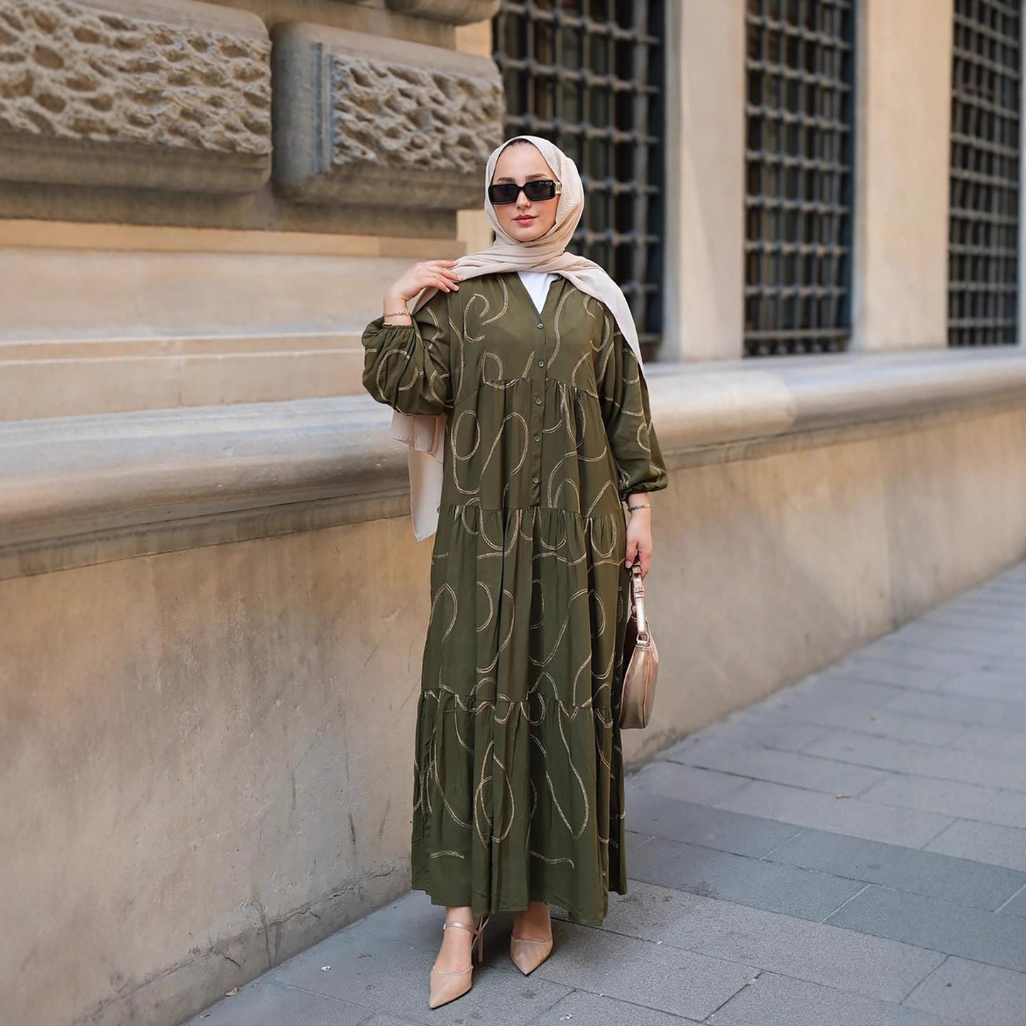 V-Neck Printed Loose Patchwork Long Dress