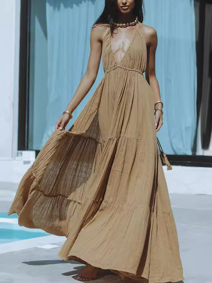 Solid Color Tie-Waist Slit Dress