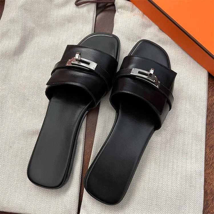 Womens Slip On Slippers Square Toe Flat Sandals