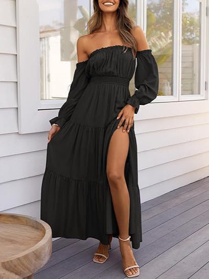 Bohemian Off-Shoulder Smocked Tiered Long Dress
