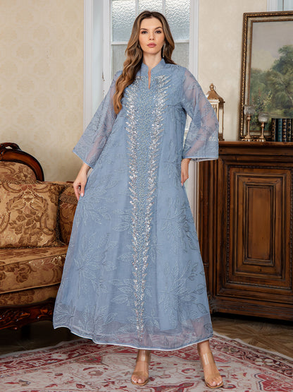 Mesh Embroidered Sequined Long Dress