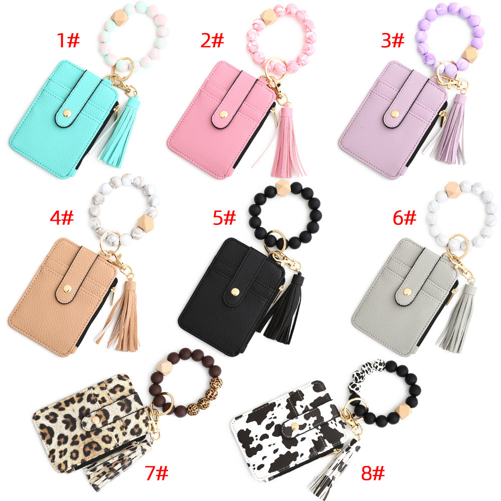 Leopard Print PU Leather Card Holder Wallet with Keychain and Bracelet