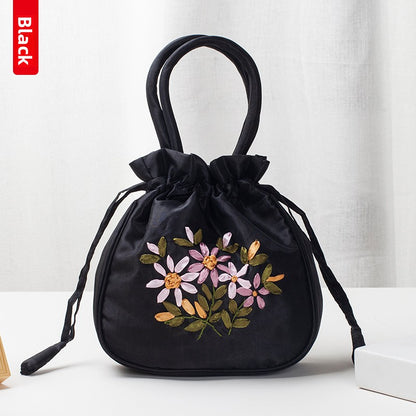 Hand-Embroidered Drawstring Bucket Bag