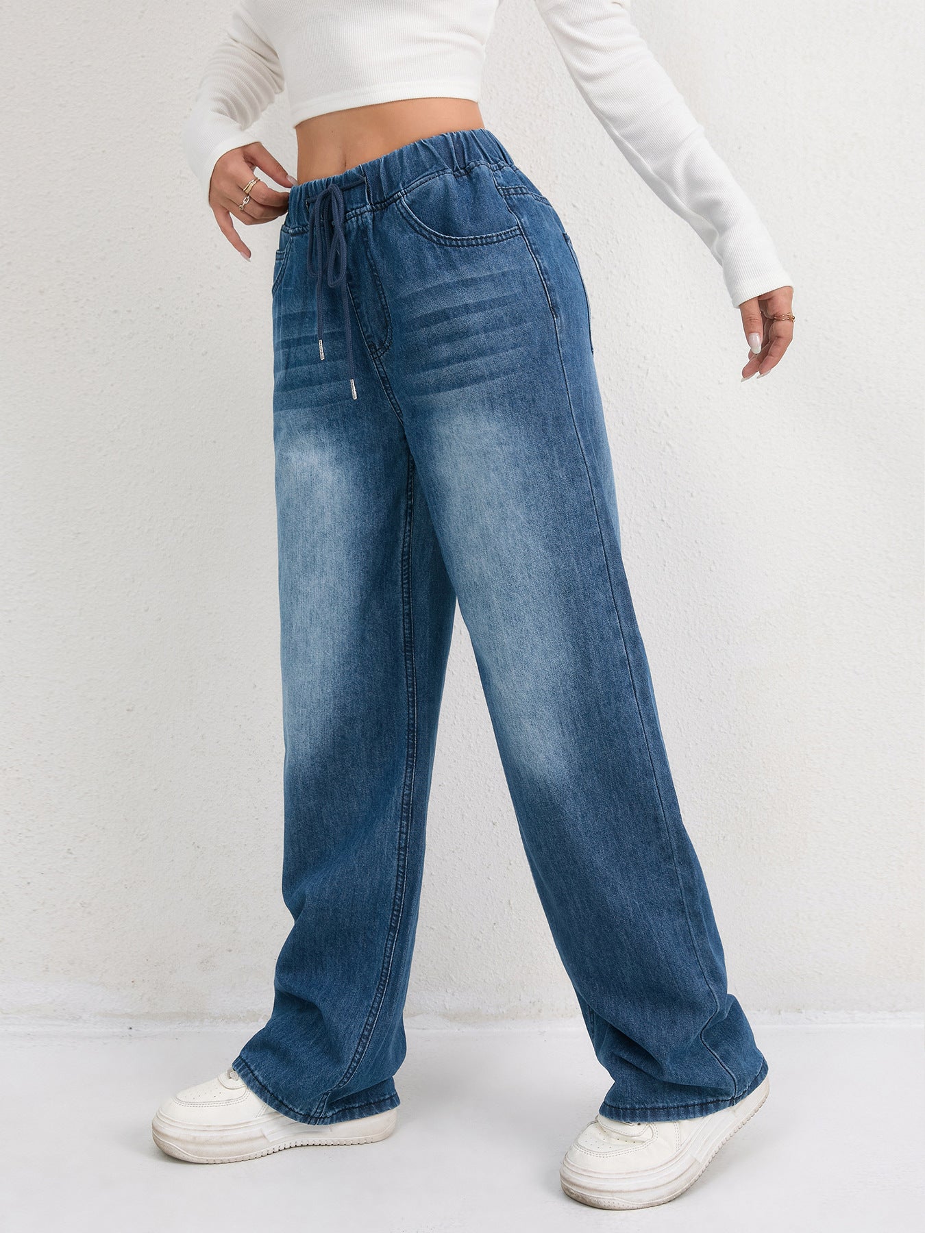 Relaxed-fit, drawstring, wide-leg, washed, comfortable women's jeans