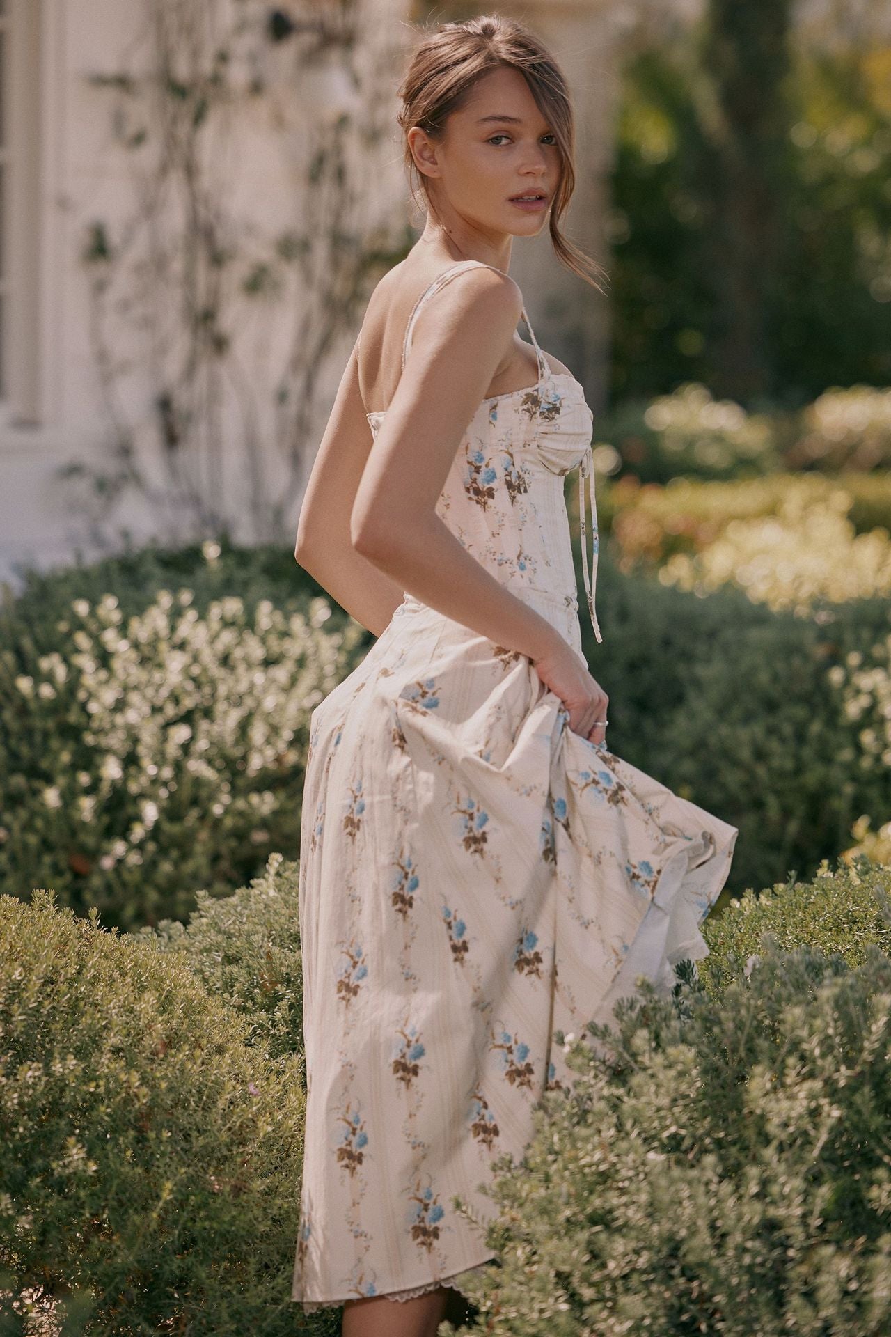Floral Print Sling Dress with Lace Trim
