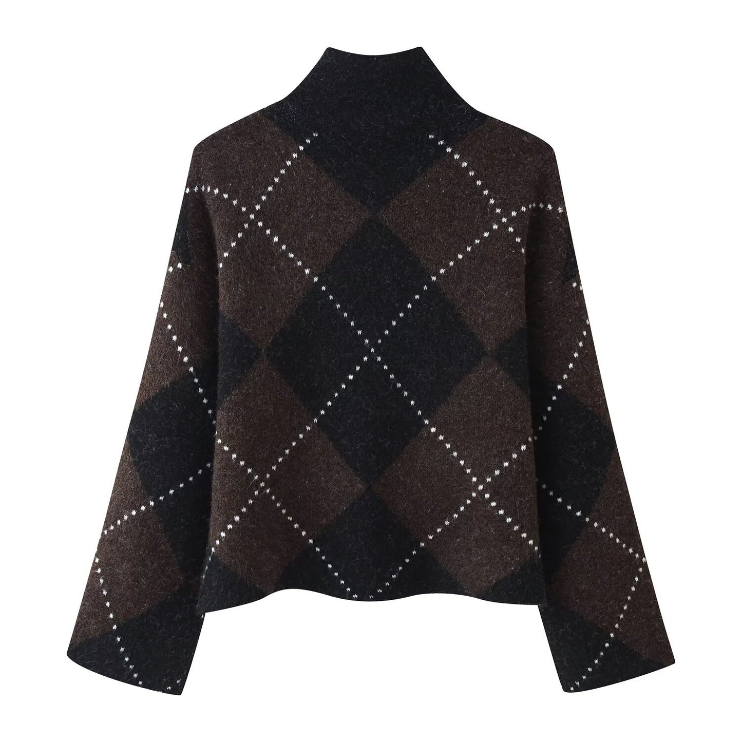 High-neck plaid pullover knit top and skirt
