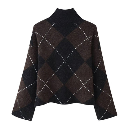 High-neck plaid pullover knit top and skirt