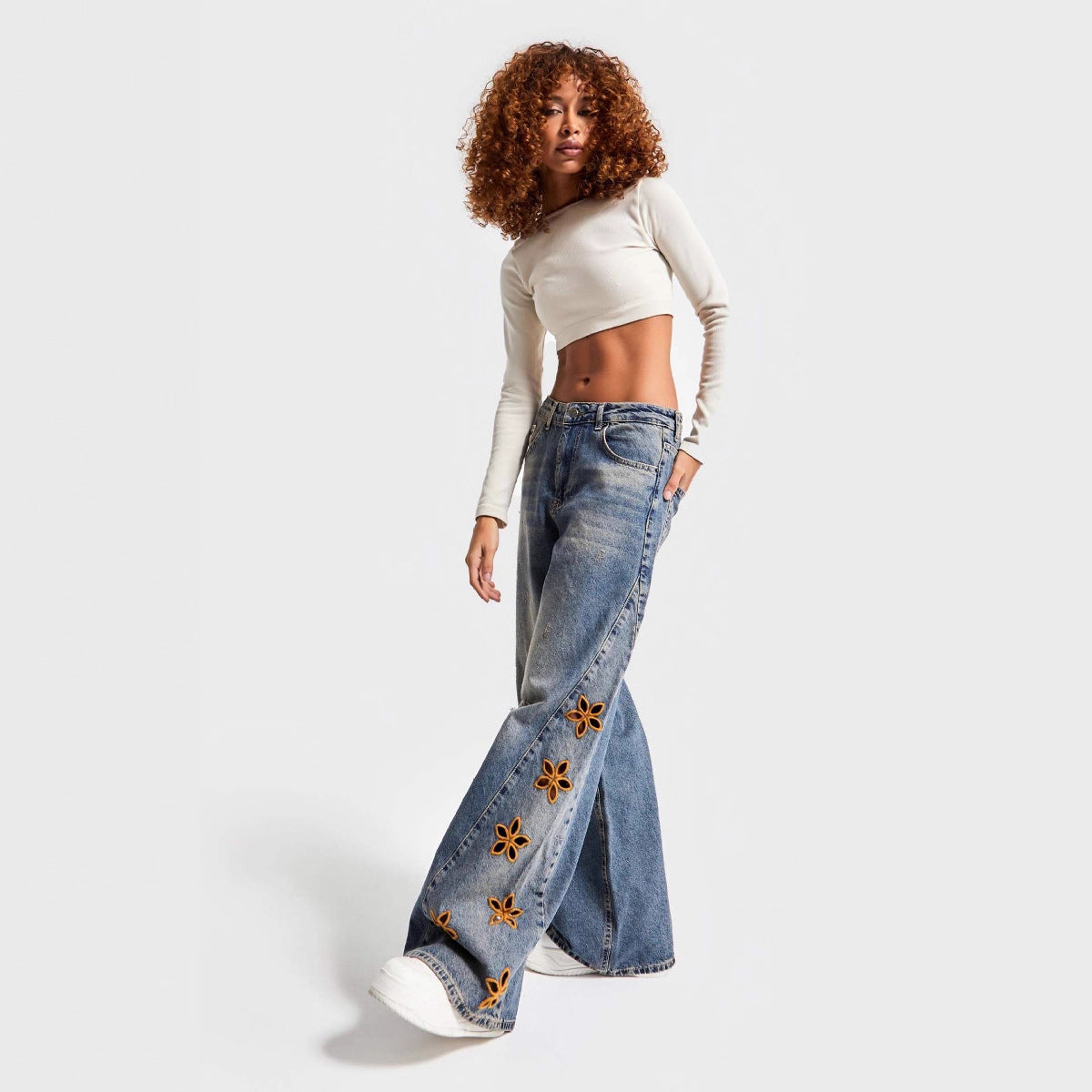 Embroidered High-Waisted Loose Denim Pants