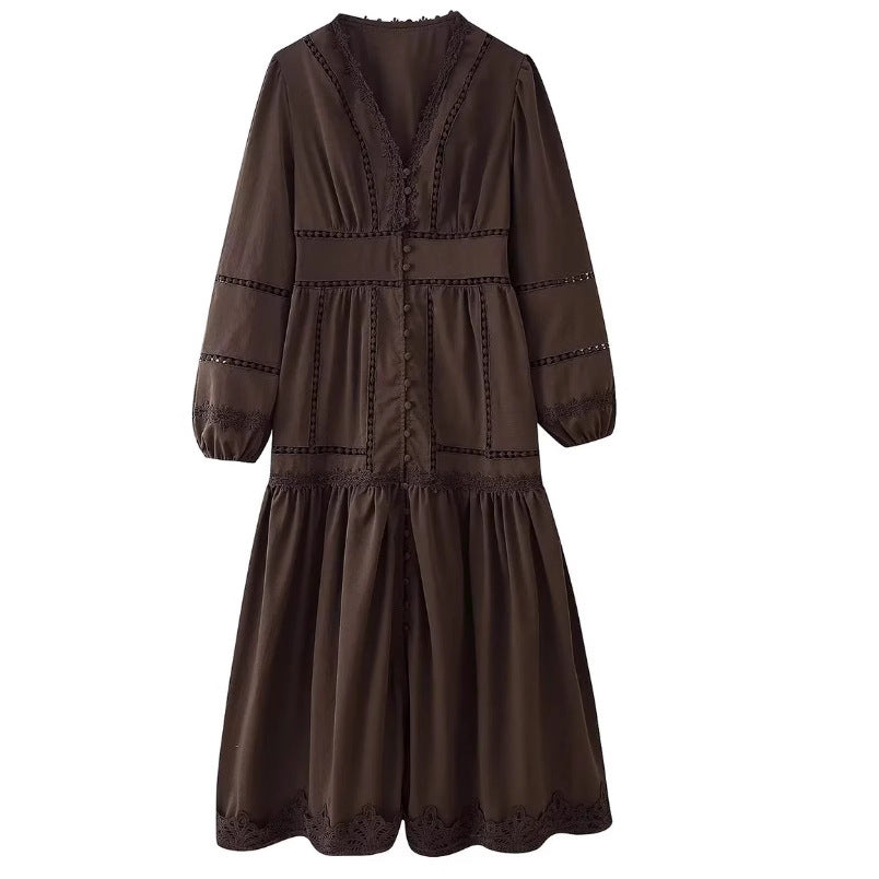 Womens V-Neck Lace Splicing Hollow-out Dress