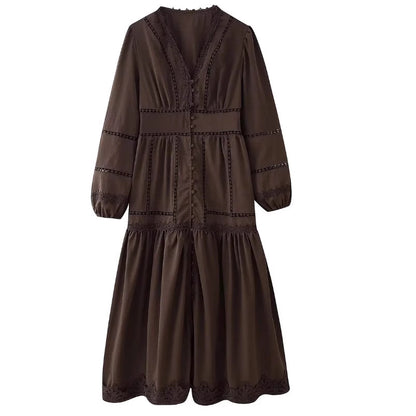 Womens V-Neck Lace Splicing Hollow-out Dress