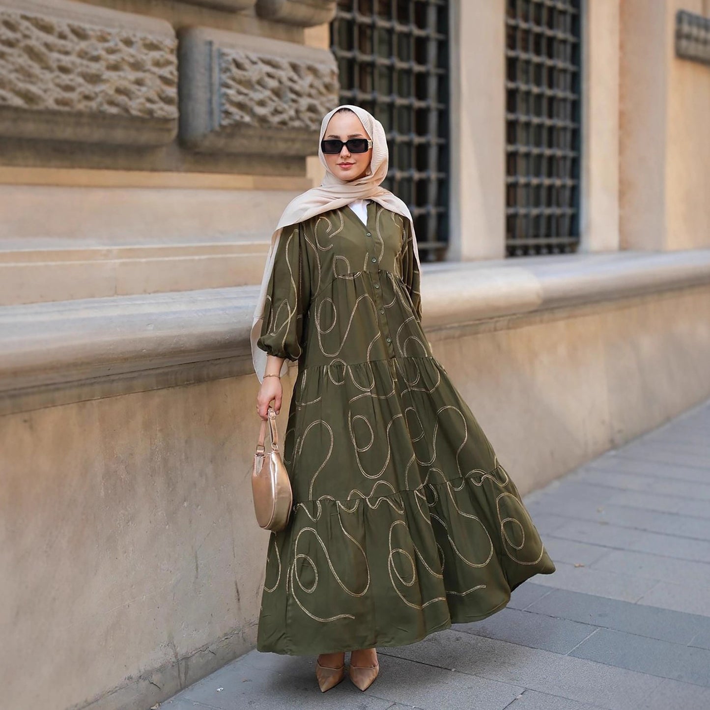 V-Neck Printed Loose Patchwork Long Dress
