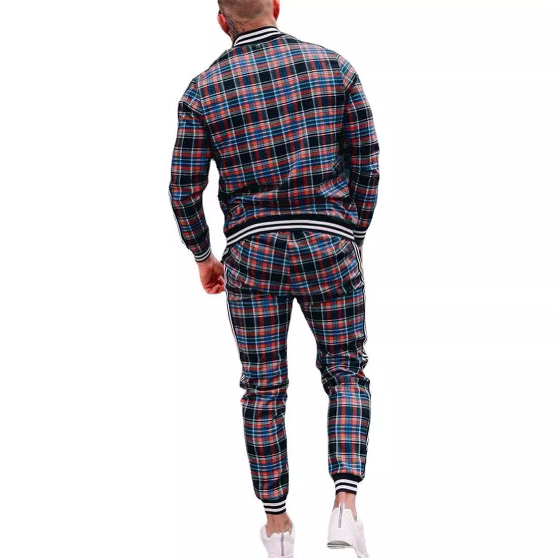 Men's Plaid Zipper Jacket and Pants Casual Sport Suit