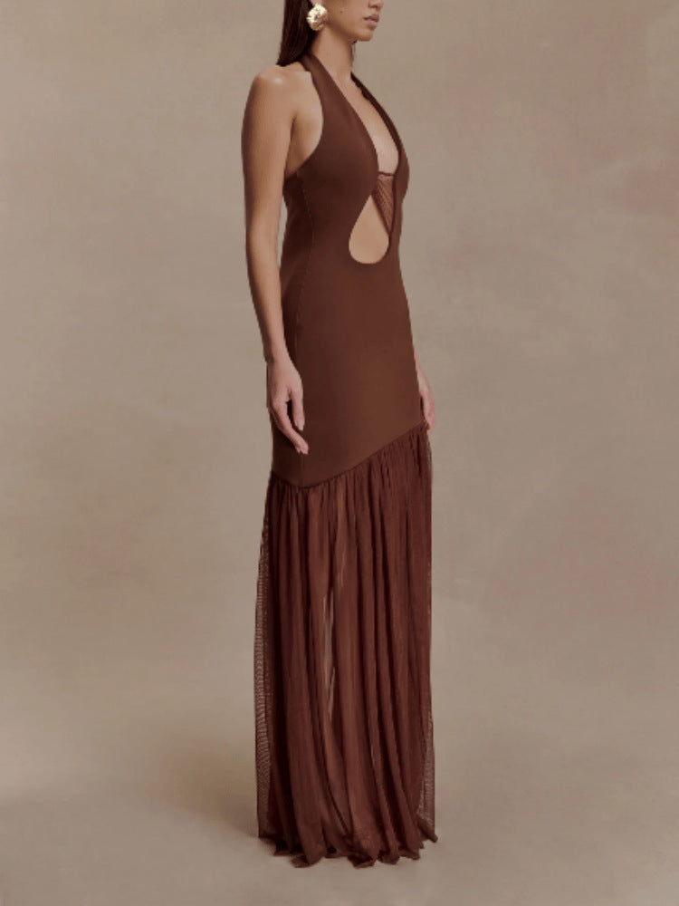 Slim Fit Backless Mesh Pleated Dress