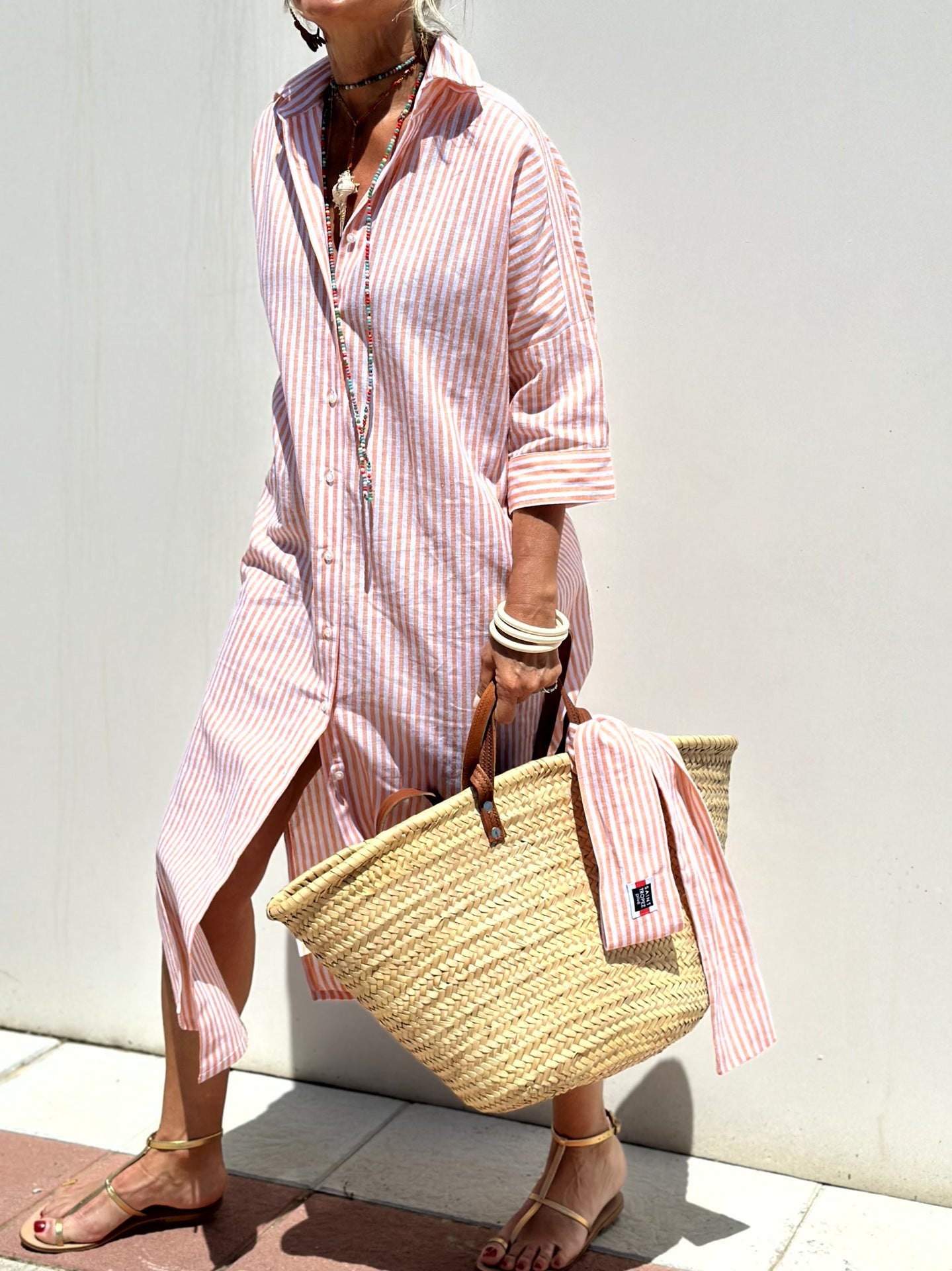 Quarter Sleeve Striped Shirt Dress