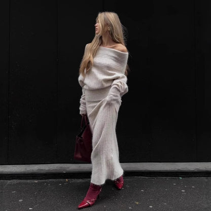 Women's Off-Shoulder Knit Top and Skirt