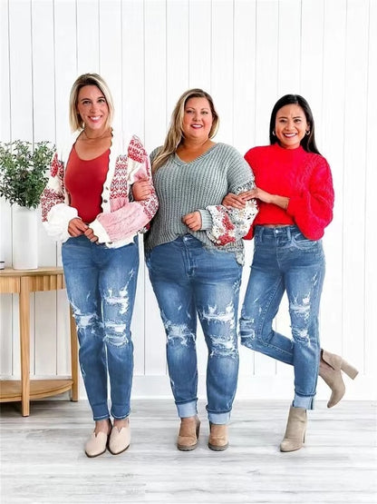 Women's High Waist Loose Fit Distressed Jeans