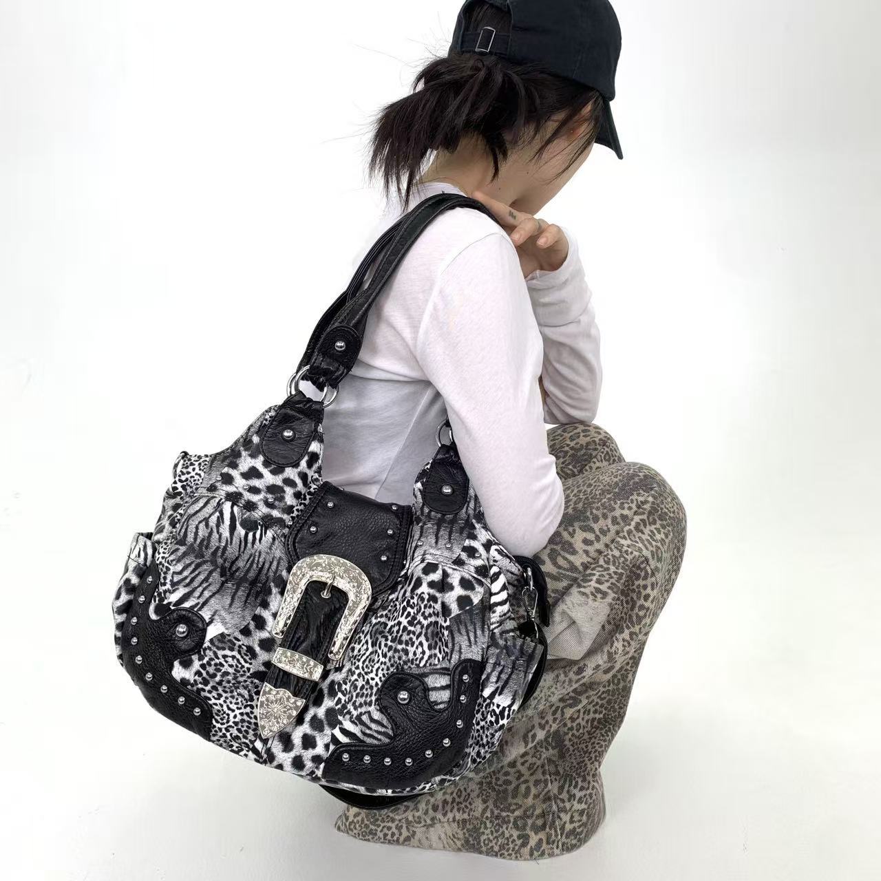 Leopard Print Patchwork Tote Bag with Multiple Pockets
