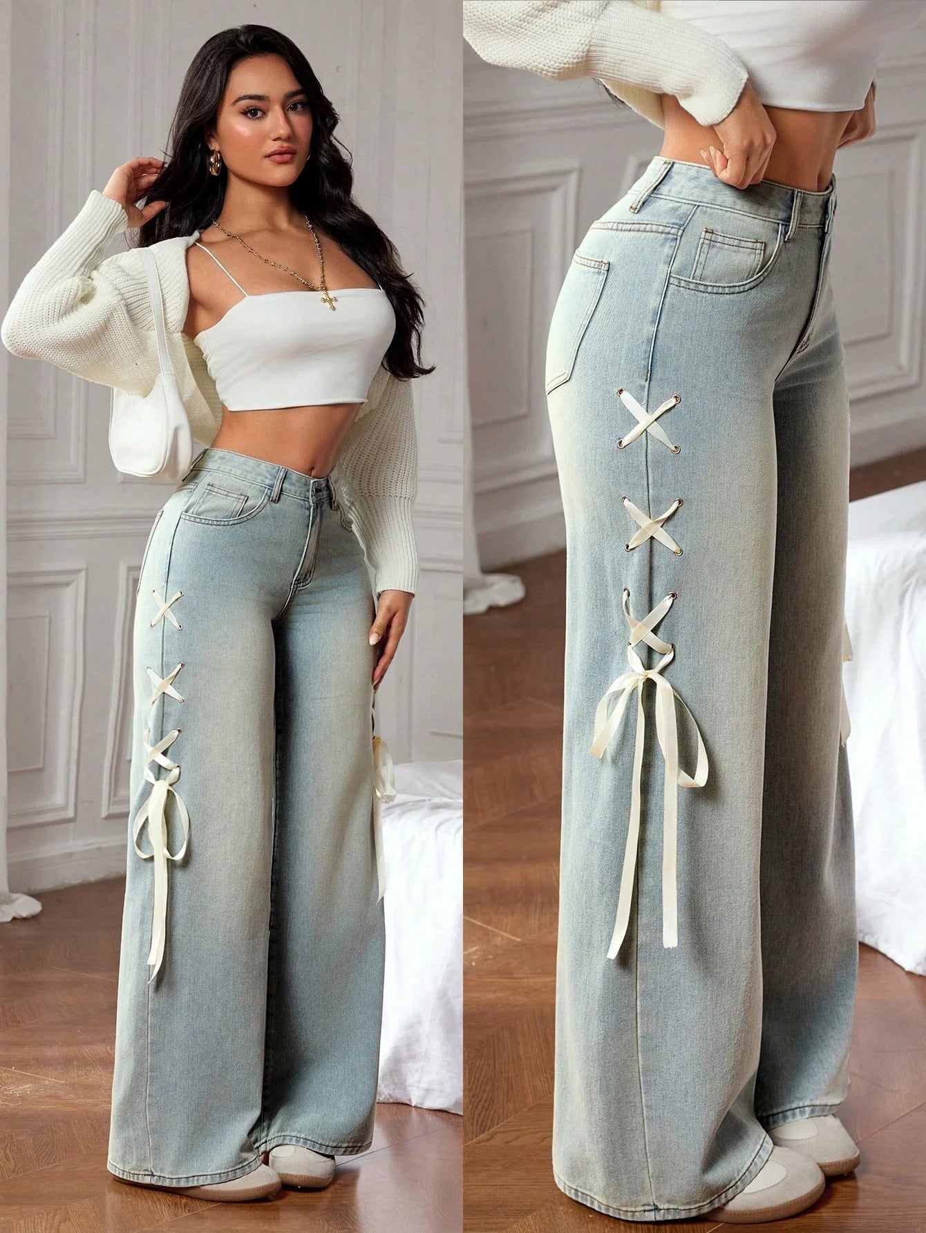 Women's Wide-Leg Denim Jeans with Side Ribbon