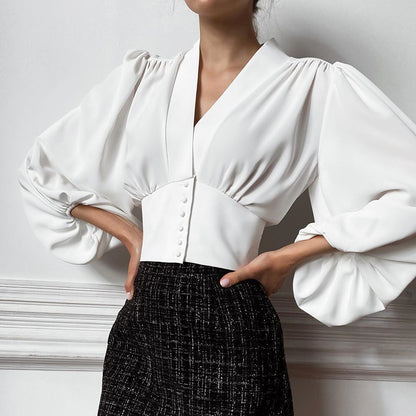 Womens Lantern Sleeve V-Neck Blouse