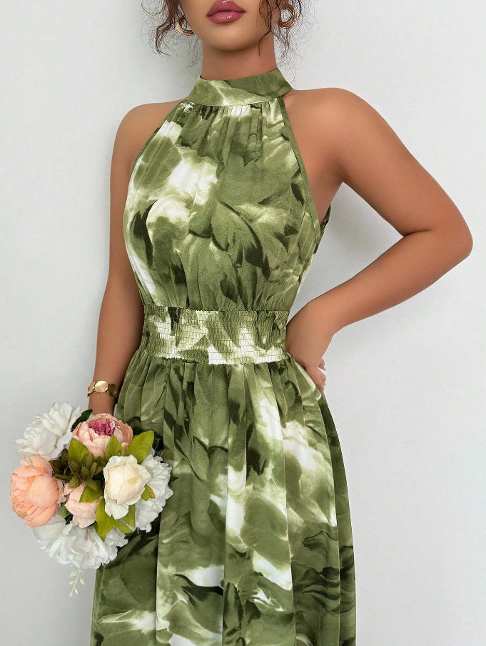 Floral Print Stand Collar A-Line Dress