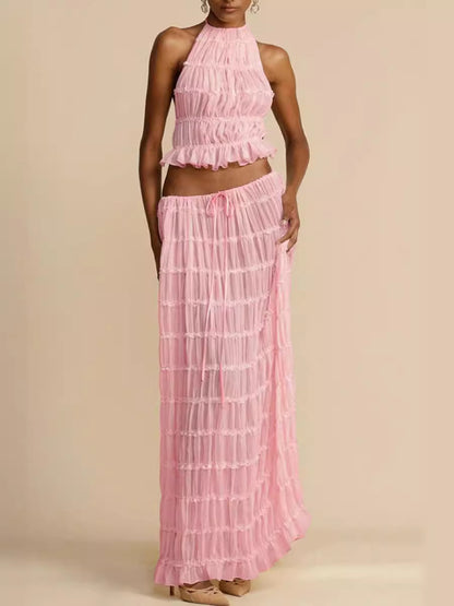 Lace-trimmed halter long dress