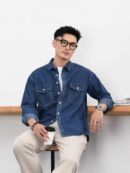 Mens Denim Shirt Loose Fit Long Sleeve