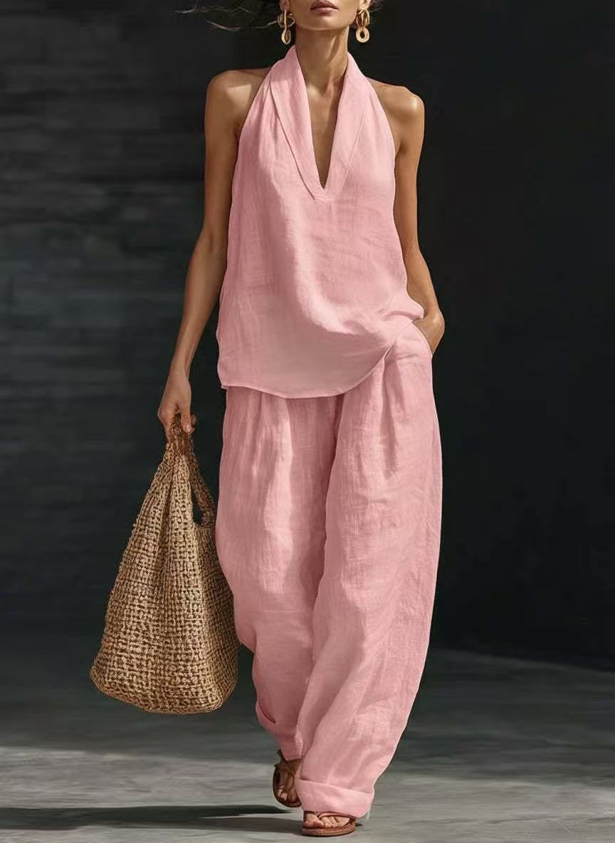 Womens Halter Neck Sleeveless Casual Two-Piece Set
