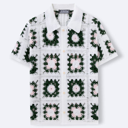 Men's Crochet Cut-Out Knit Polo Shirt