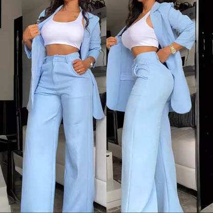 Elegant Solid Color Blazer and Pants