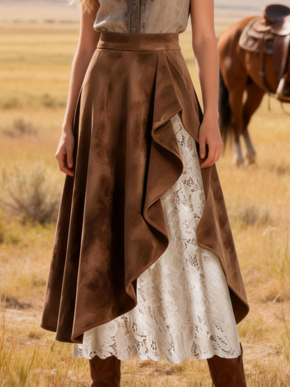 Retro Western Suede Lace Splicing Skirt