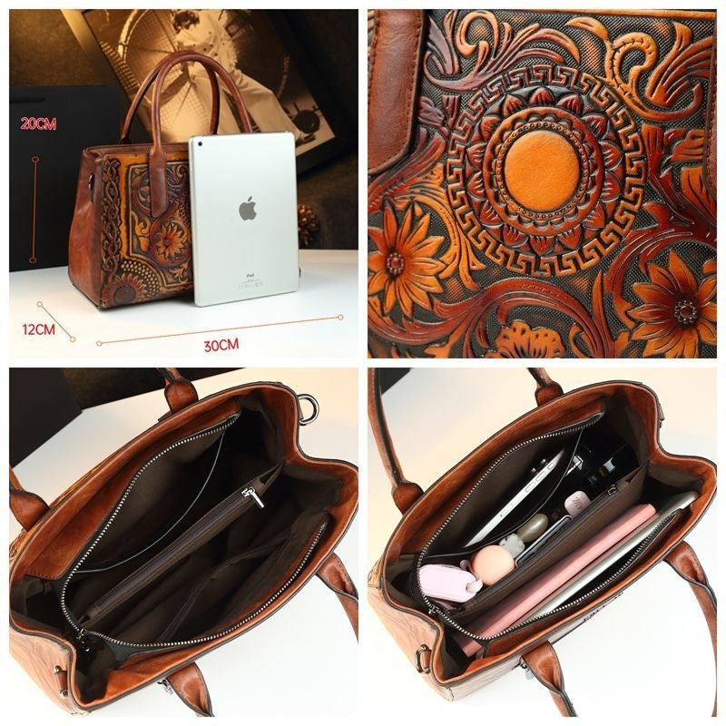 Atmospheric 2025 Retro Women's Bag Embossed Flower Tote Bag Genuine Leather New Ethnic Style Single Shoulder Crossbody Bag Large Capacity