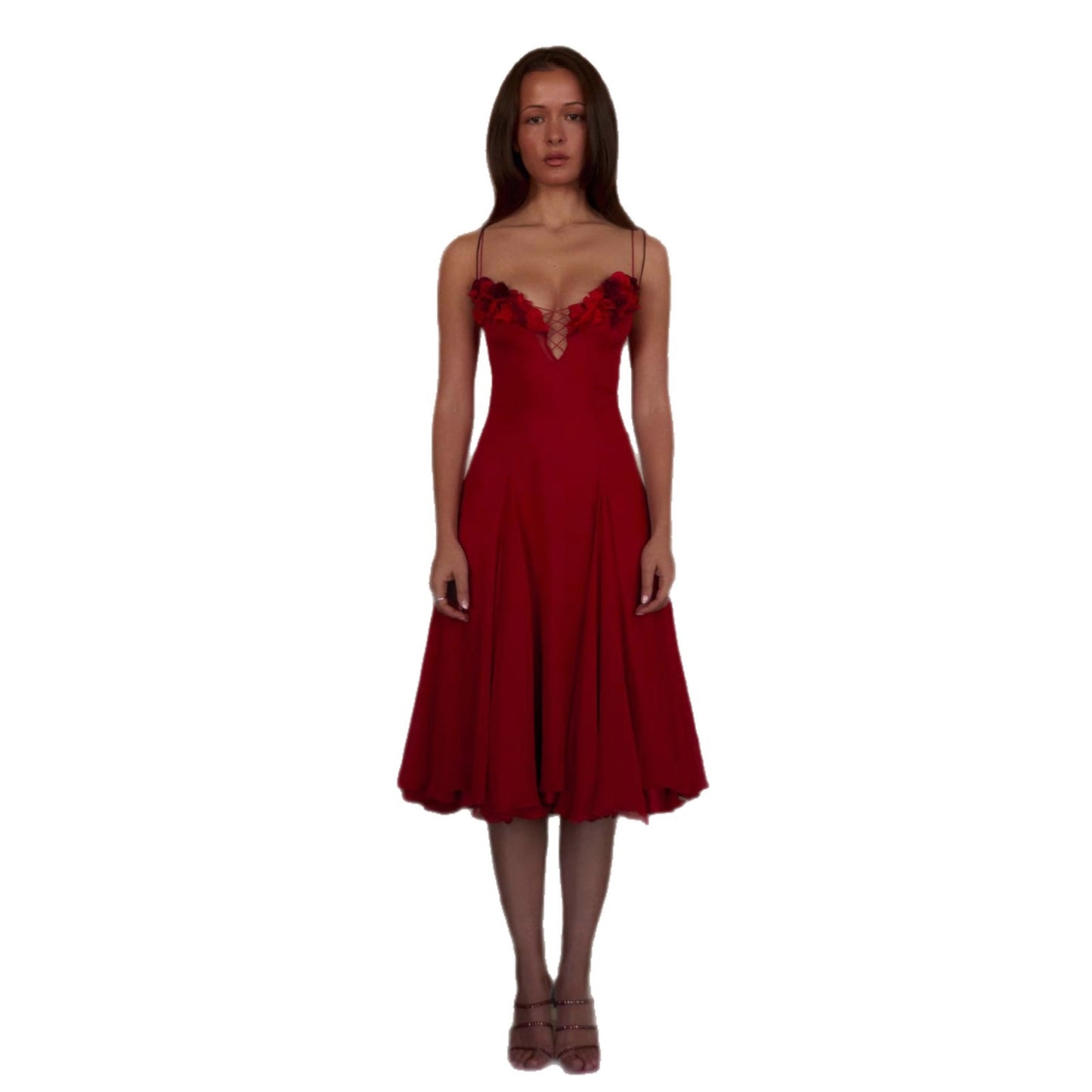 Floral Lace-up Evening Dress with Deep V-Neck