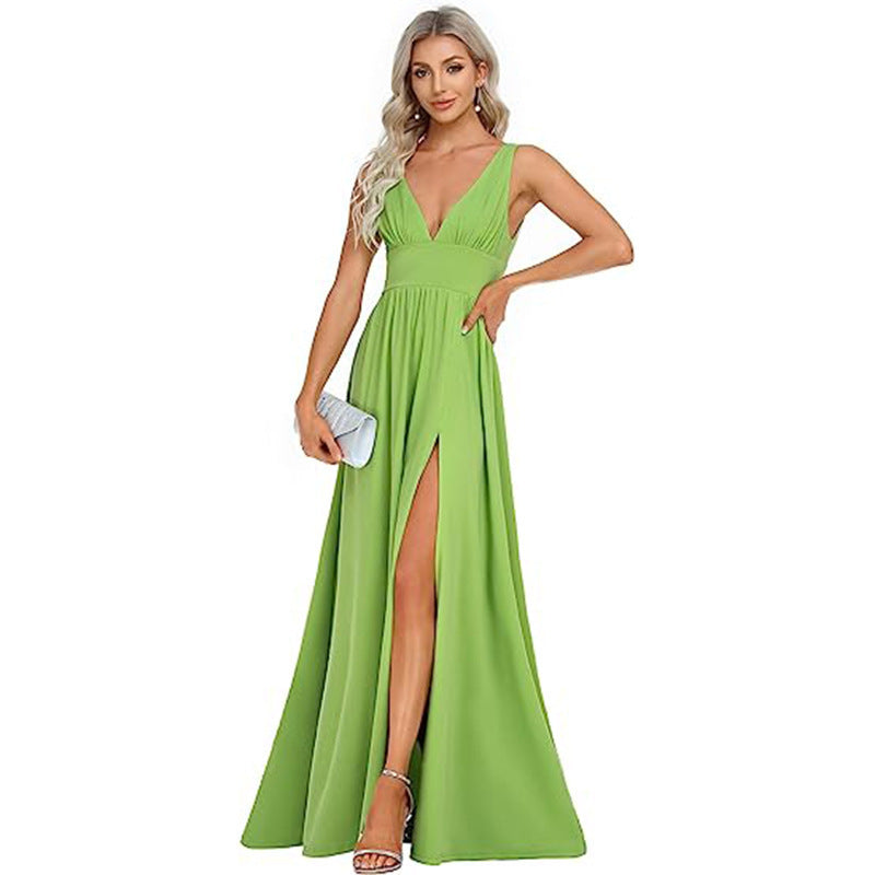 Elegant Sleeveless Long Swing Dress with Deep V Neck
