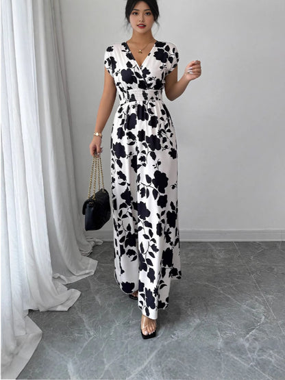Floral Print V-Neck Lace-Up A-Line Dress