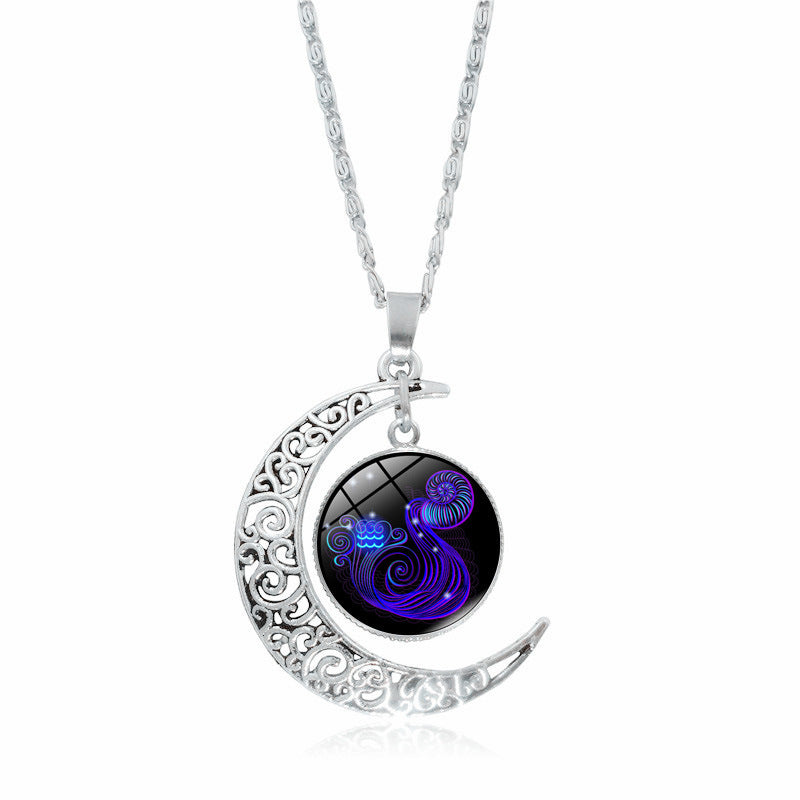 Cross-Border Hot Selling 12 Constellation Necklace Twelve Zodiac Signs Time Gem Moon Glass Pendant European and American Necklace Wholesale