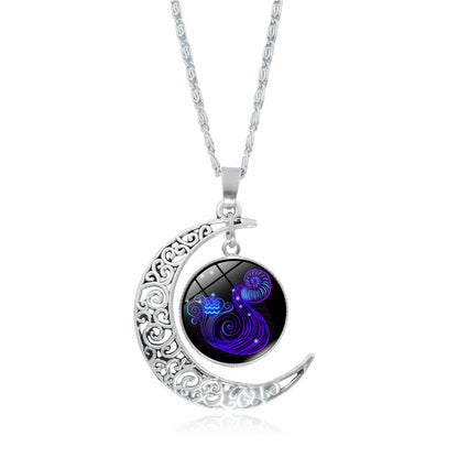 Cross-Border Hot Selling 12 Constellation Necklace Twelve Zodiac Signs Time Gem Moon Glass Pendant European and American Necklace Wholesale