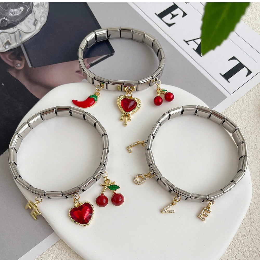 Titanium Steel Oil Dripping Bracelet with Heart Fruit Pendant