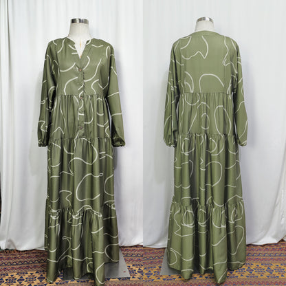 V-Neck Printed Loose Patchwork Long Dress