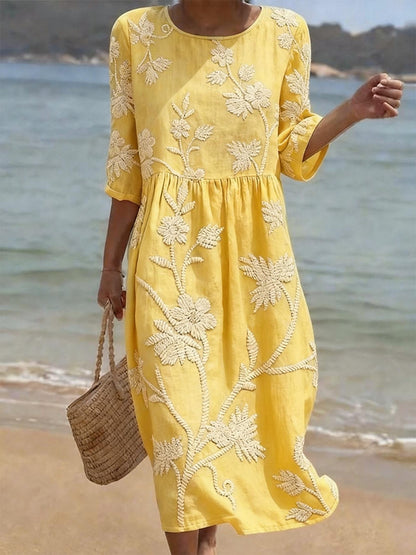 Women's Mid-Length Sleeve Dress with Side Pockets