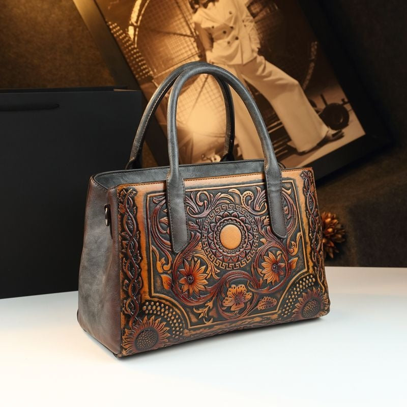 Atmospheric 2025 Retro Women's Bag Embossed Flower Tote Bag Genuine Leather New Ethnic Style Single Shoulder Crossbody Bag Large Capacity