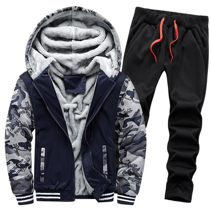 Men's thickened fleece-lined hoodie set