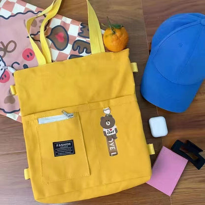 Women's Multiway Canvas Tote Bag with Bear Pendant - Crossbody/Shoulder/Backpack